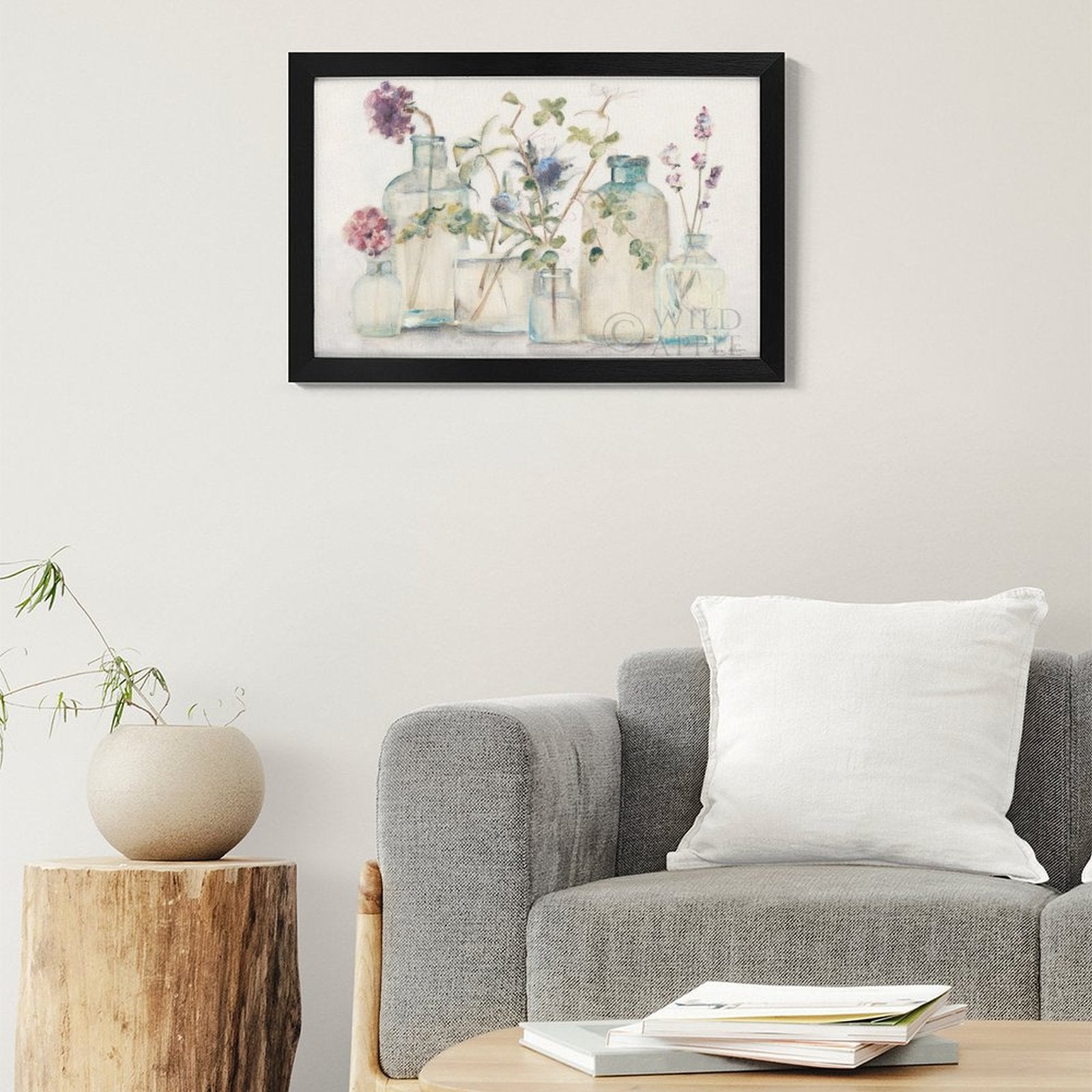 Watercolor floral canvas print with black frame, glass jars, home decor, Wild Apple