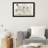 Watercolor floral canvas print with black frame, glass jars, home decor, Wild Apple