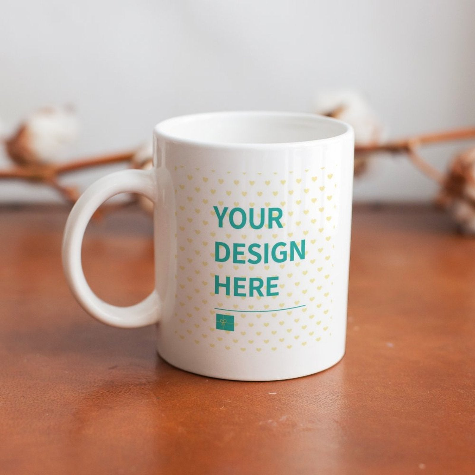 Personalized white ceramic mug with YOUR DESIGN HERE text, perfect custom gift for any occasion