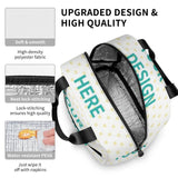 Customizable lunch bag with 'YOUR DESIGN', white polyester, reusable lunch box, for school, work, travel.