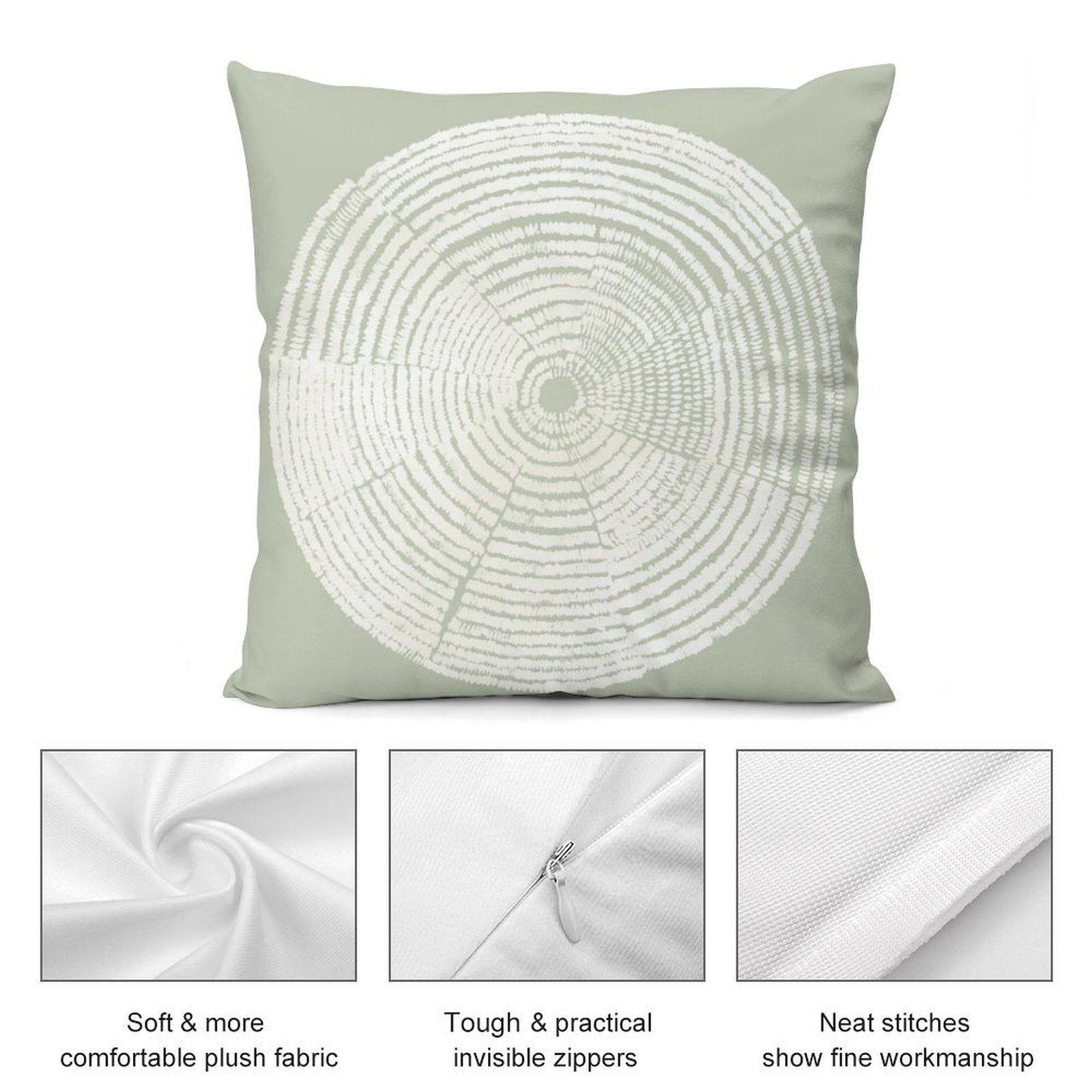 Light green throw pillow with white tree ring design, soft plush fabric, invisible zipper, and neat stitching.