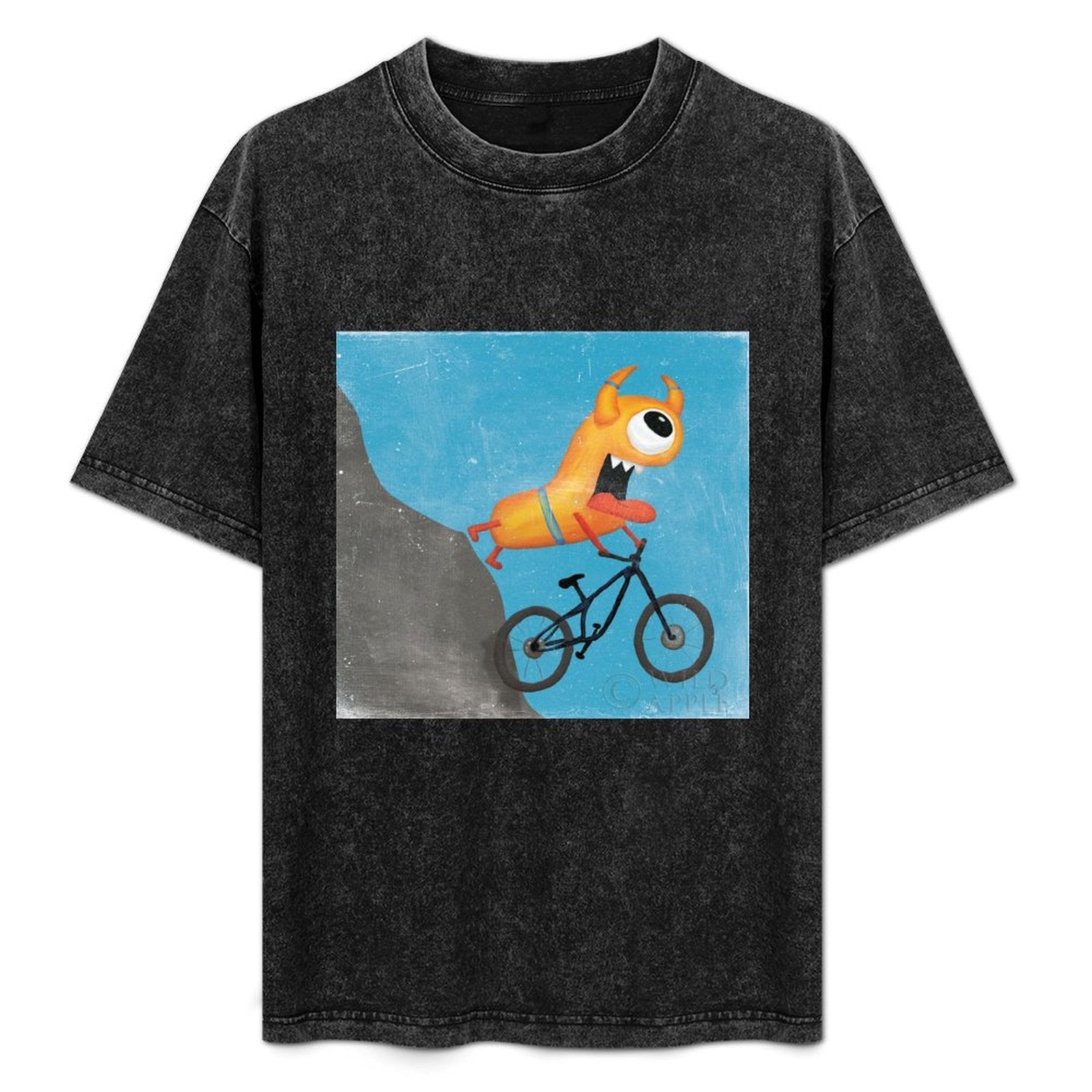 Black cotton tee with Monster Bicycle graphic. Short sleeve, made in USA. Unique artwork for summer wear.