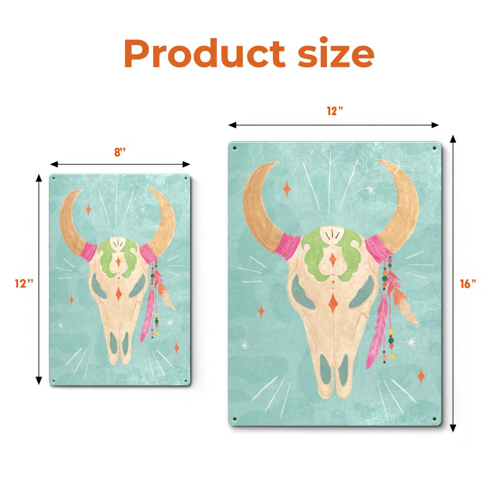 Cowgirl Club IV tin sign, showcasing product sizes. Iron wall art with cow skull and feather design on turquoise background.