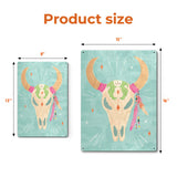 Cowgirl Club IV tin sign, showcasing product sizes. Iron wall art with cow skull and feather design on turquoise background.