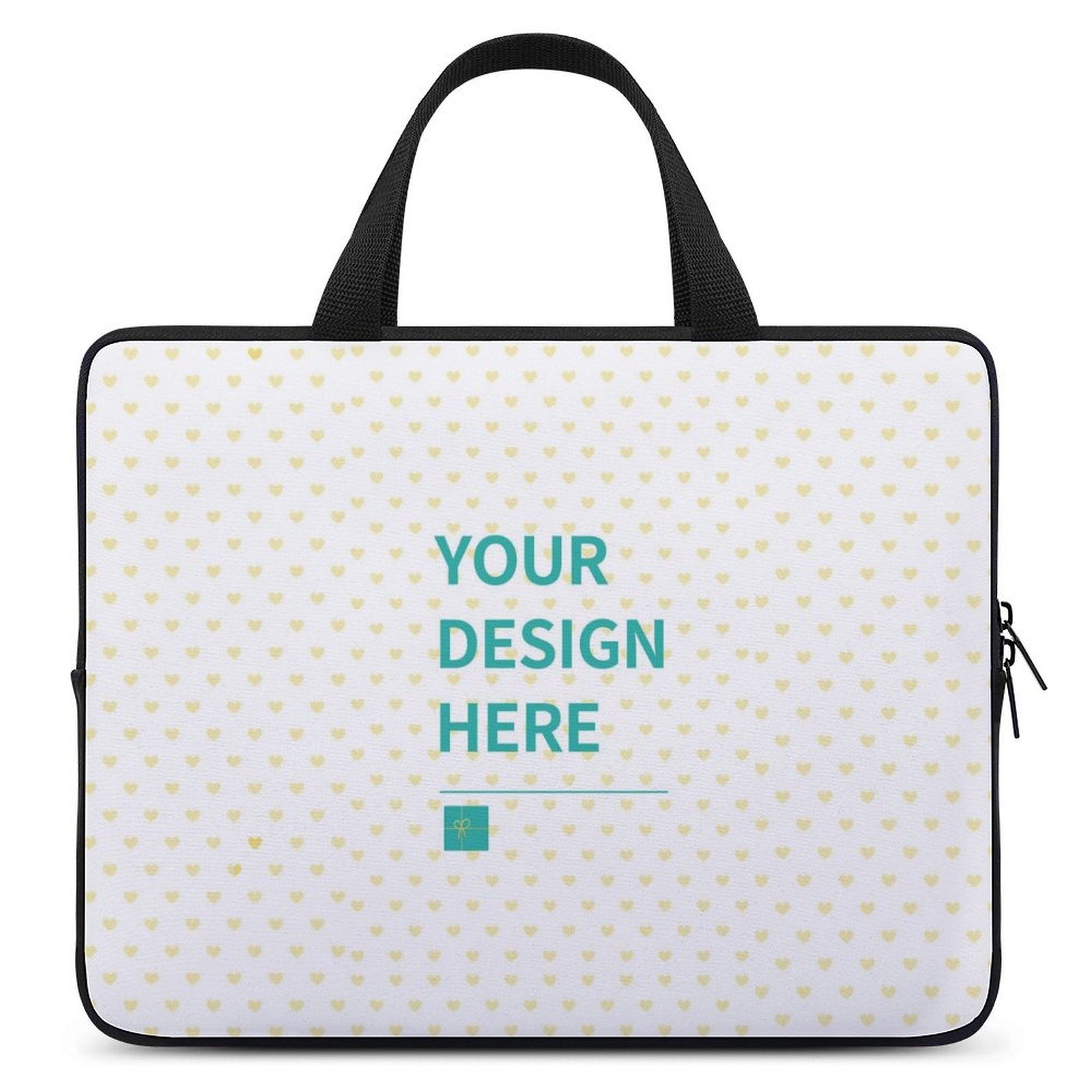 Customizable laptop bag with heart pattern and 'YOUR DESIGN HERE' design, personalized laptop sleeve