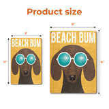 Beach Bum Dachshund metal sign with turquoise sunglasses. Iron wall art for home decor, in two different size