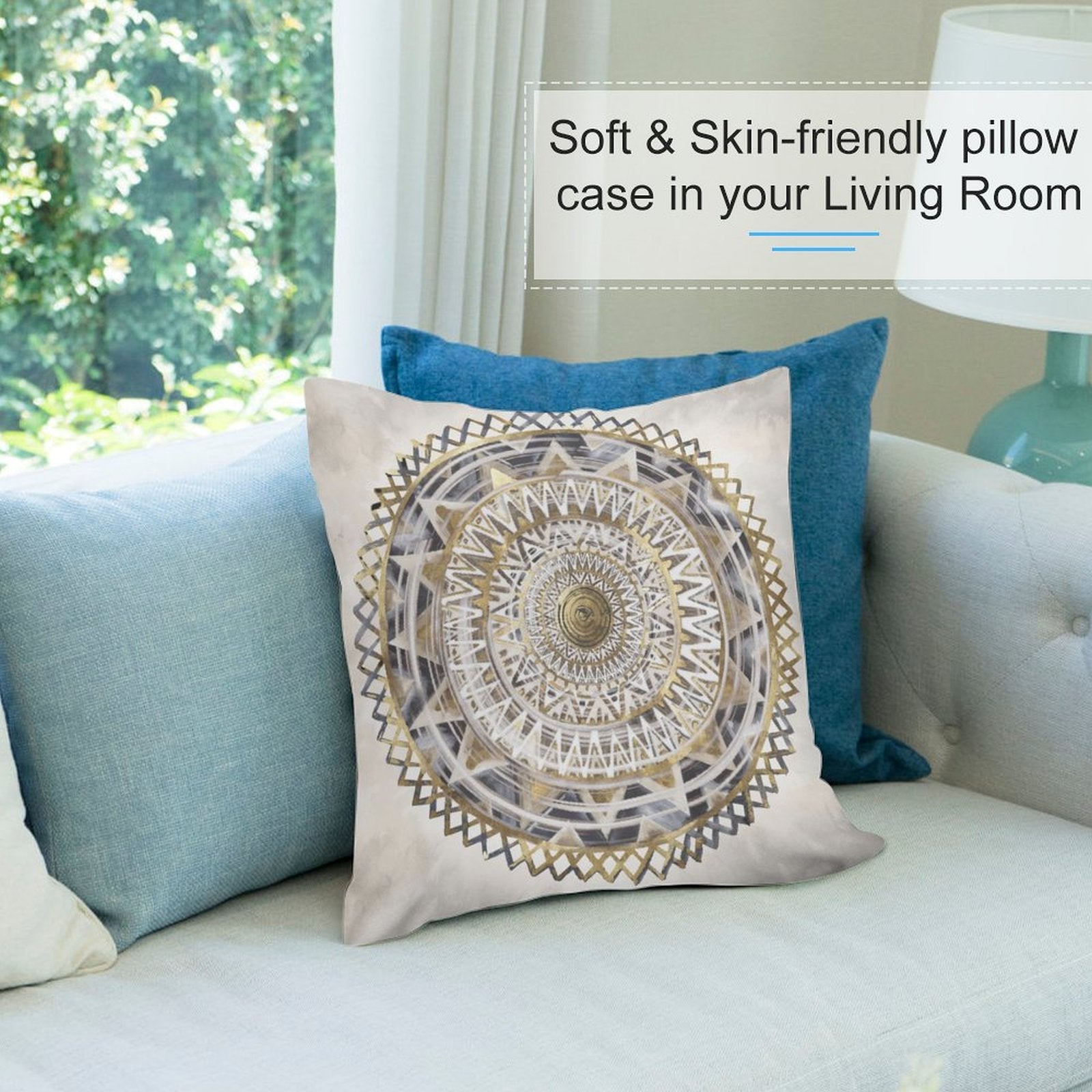 Soft, skin-friendly throw pillow cover with gold mandala design, perfect for couch and living room