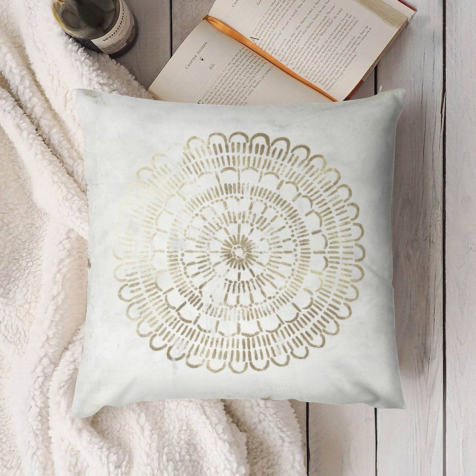White throw pillow cover with gold mandala design; soft plush material for couch and sofa decoration