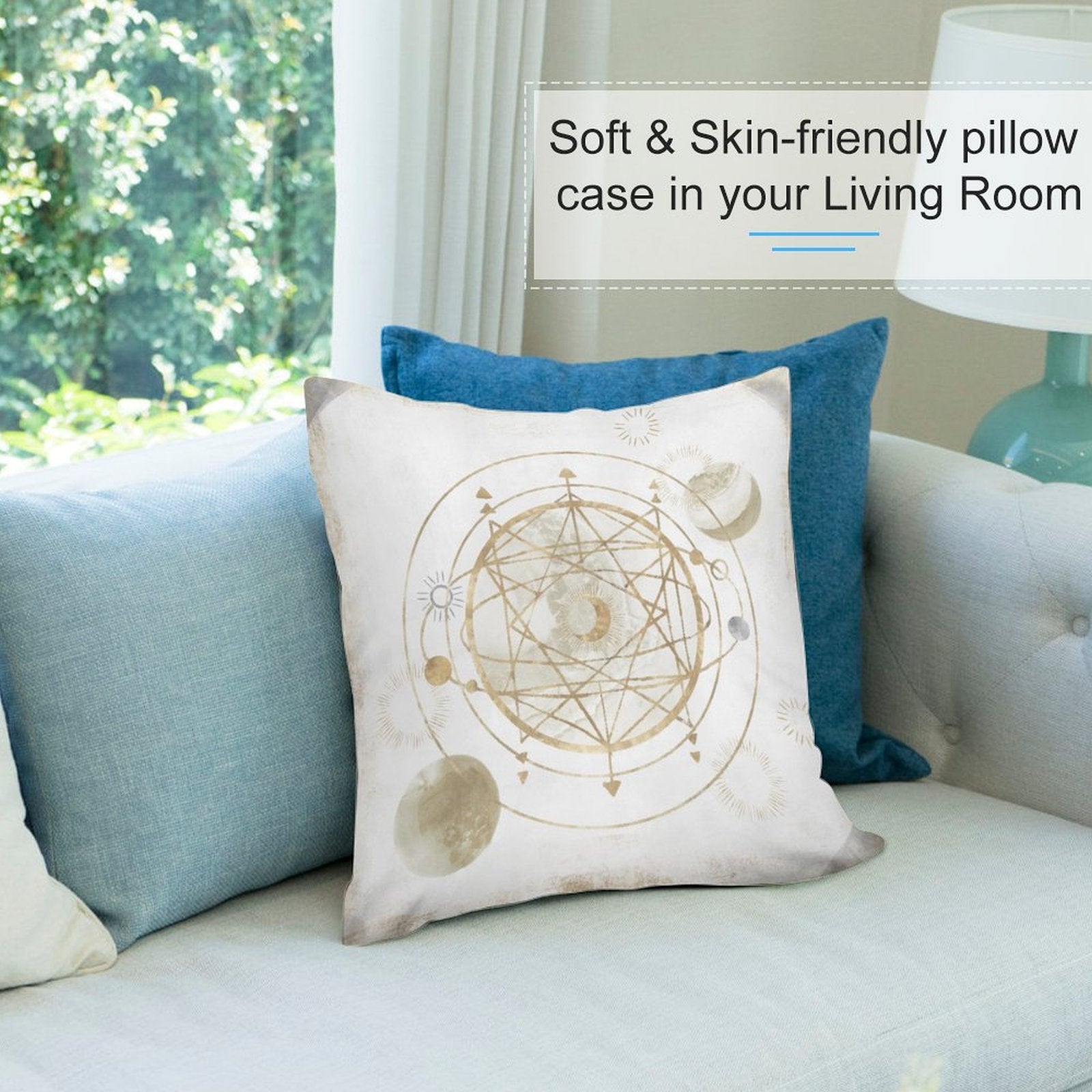 Soft plush pillow cover with celestial gold design in living room, perfect for sofa decor