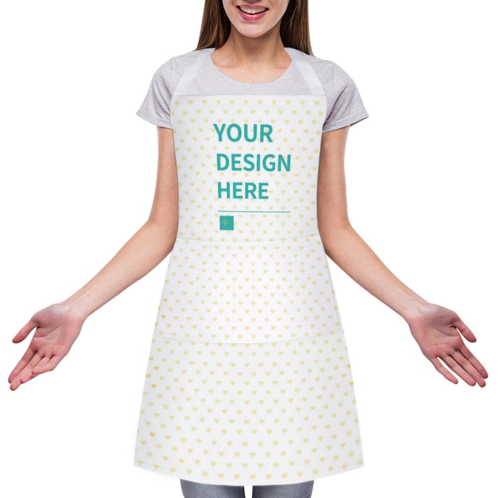 Customizable kitchen apron with pockets and 'YOUR DESIGN HERE' text. Perfect for cooking and BBQ. Polyester material.