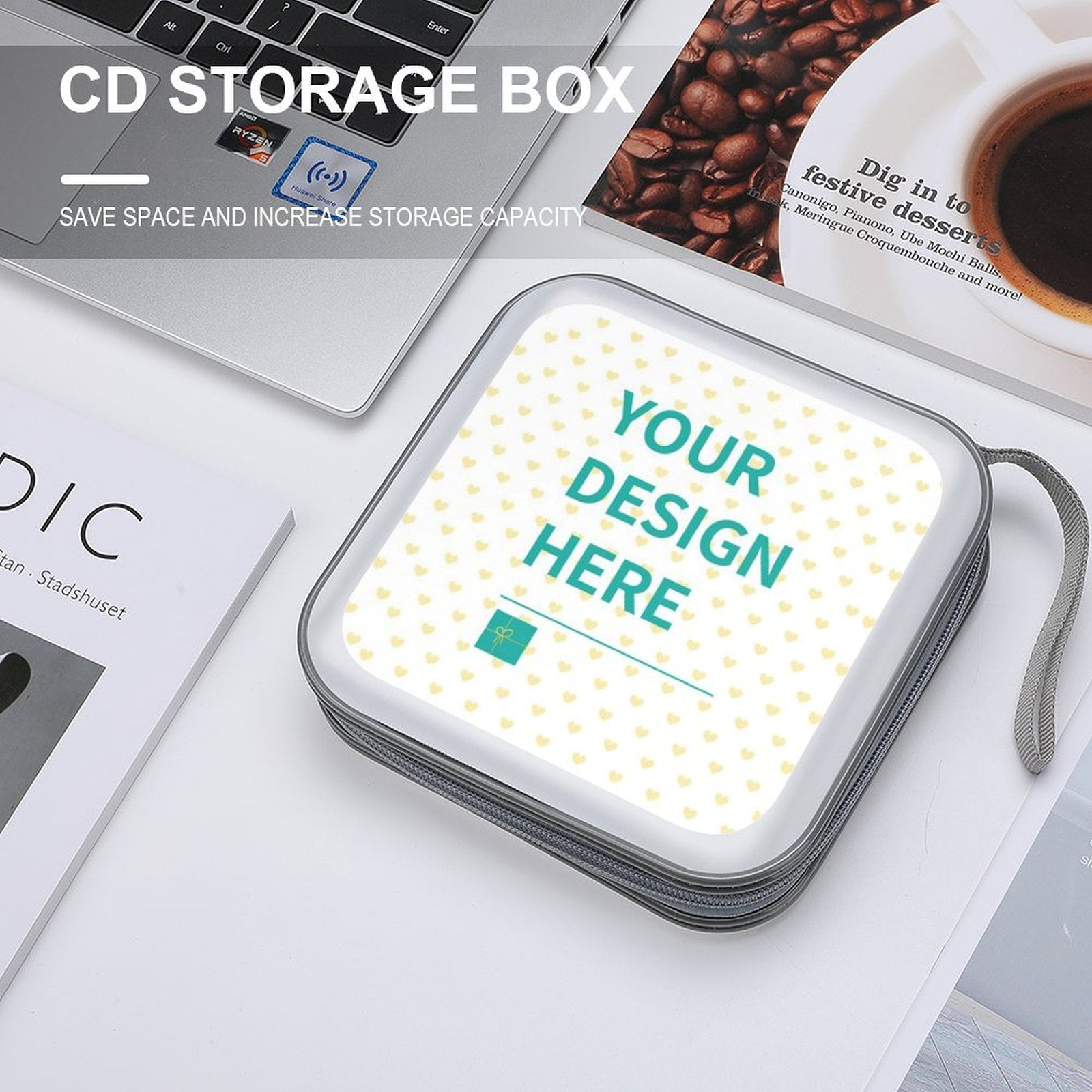 Custom CD/DVD storage box with 'YOUR DESIGN HERE', perfect for home or office use, plastic wallet organizer.