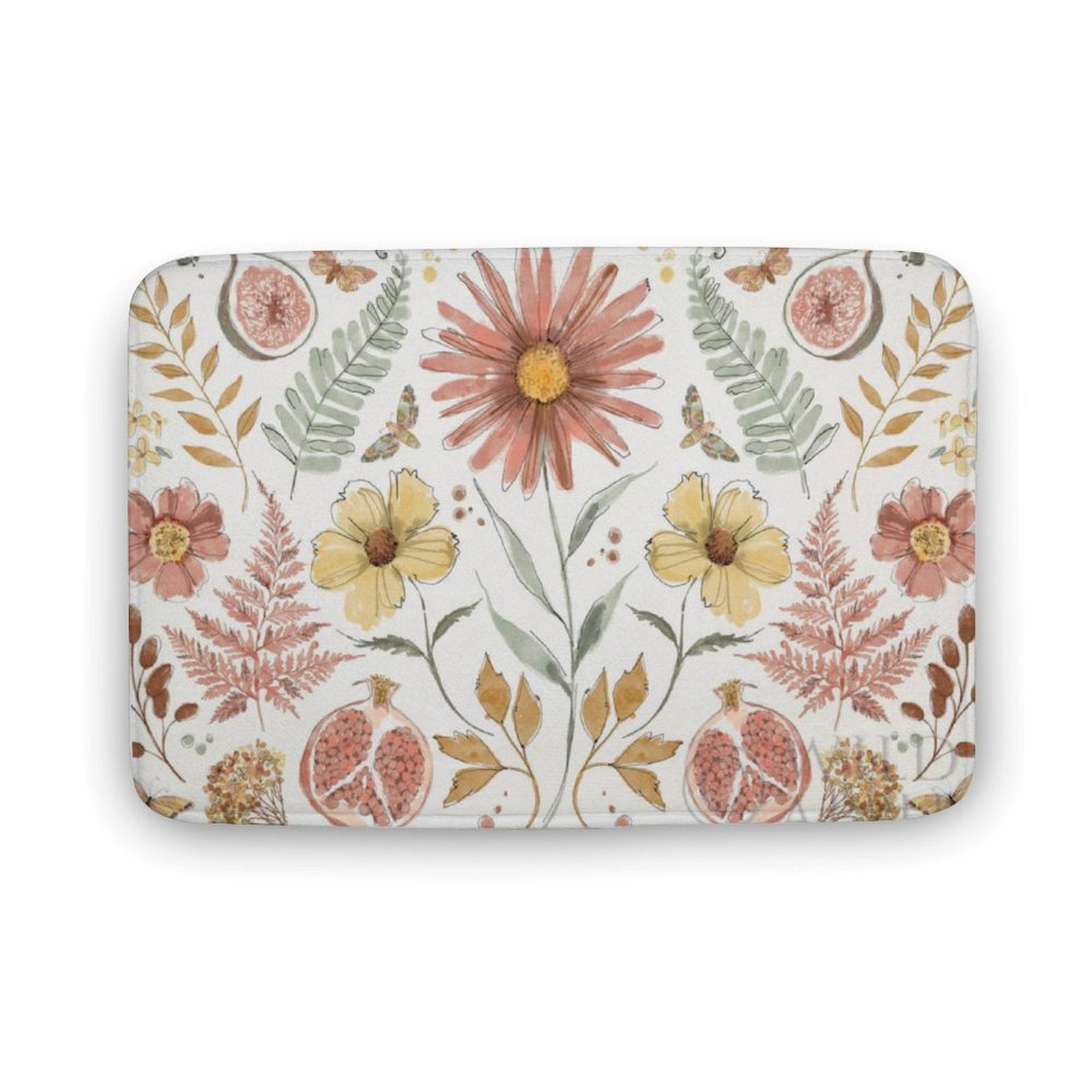 Coral Velvet Bath Rug with watercolor floral pattern, non-slip and quick-drying for bathroom or kitchen.