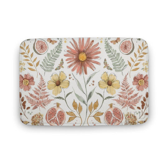 Coral Velvet Bath Rug with watercolor floral pattern, non-slip and quick-drying for bathroom or kitchen.