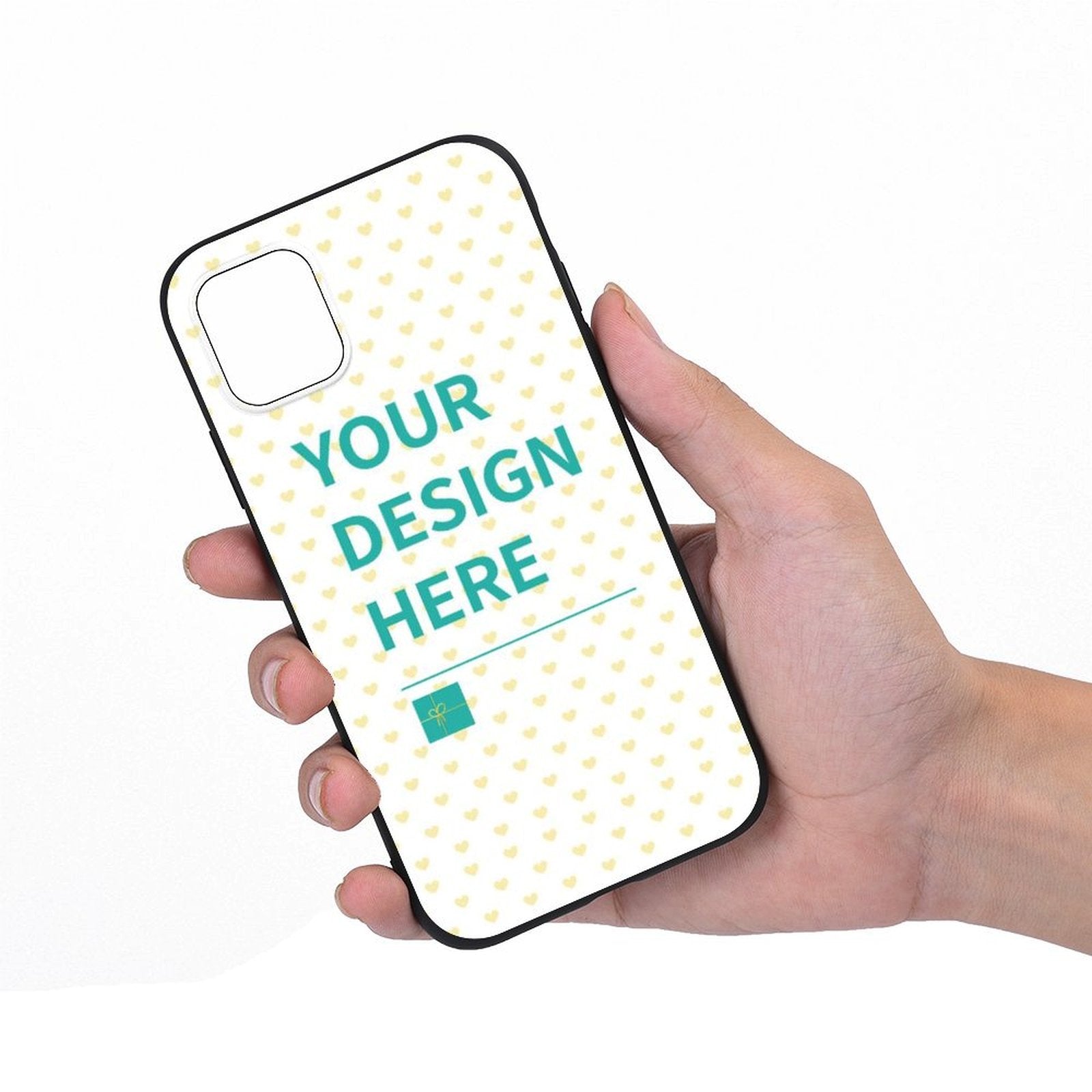 Custom iPhone 11 case with 'YOUR DESIGN HERE' text, TPU material, heart pattern, and a gift logo, Personalized style.