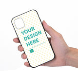 Custom iPhone 11 case with 'YOUR DESIGN HERE' text, TPU material, heart pattern, and a gift logo, Personalized style.