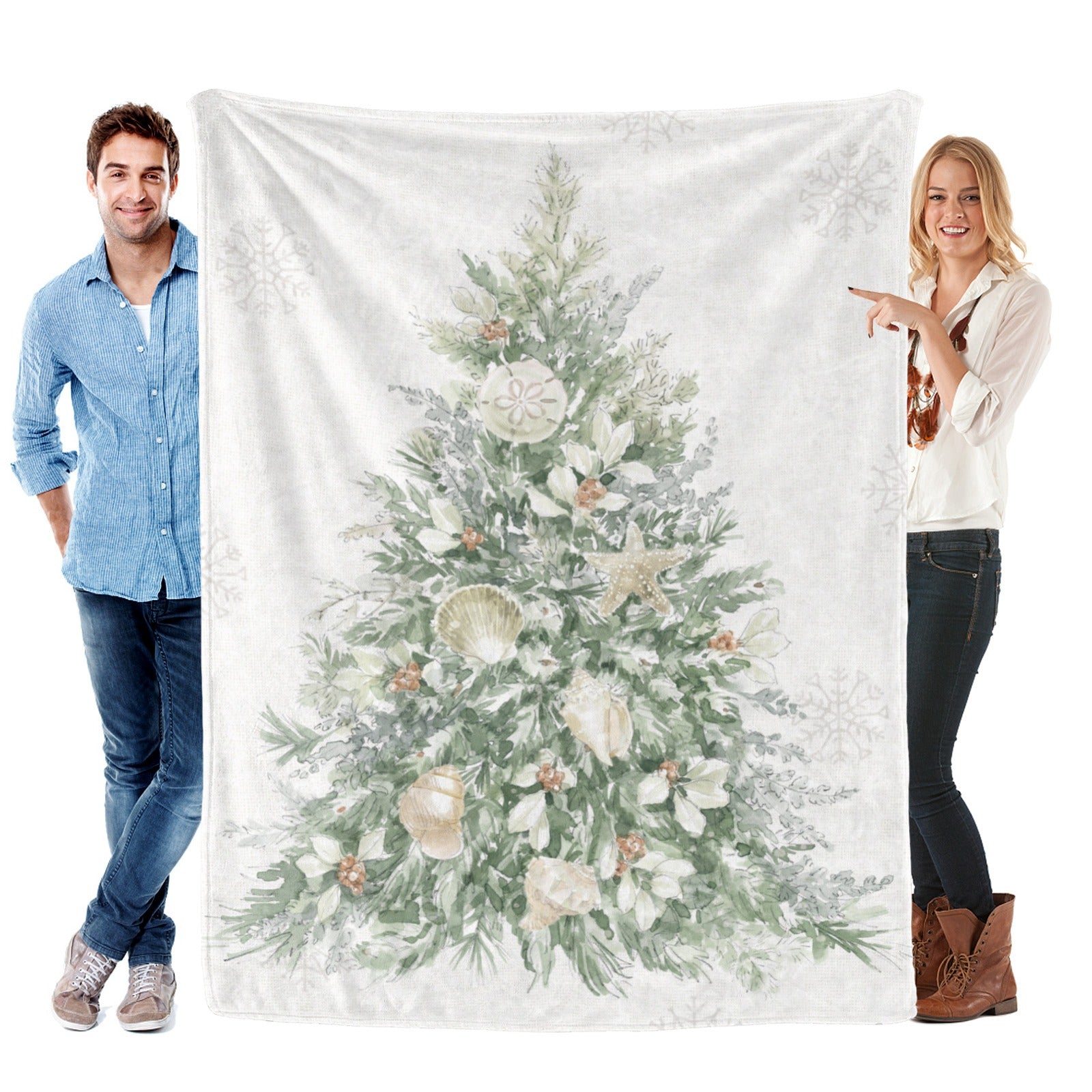 Winter Christmas Tree Flannel Blanket, cozy sofa bed blanket, made in USA, with seashell decorations and snowflake details