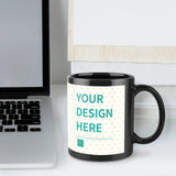 Customizable black ceramic mug with 'YOUR DESIGN HERE' design for gifts, MyArtsyGift product