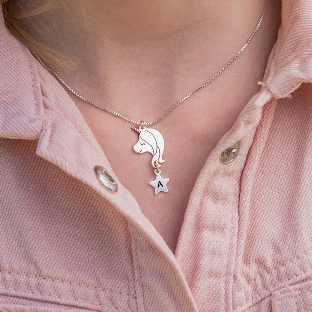 Silver unicorn necklace with star pendant initial 'A' - Custom gift for girls