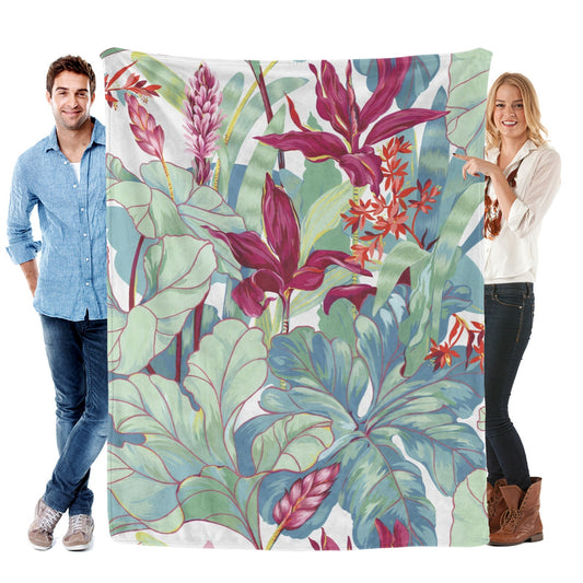 Tropical plants and flowers flannel blanket for sofa, couch, or bed made in USA