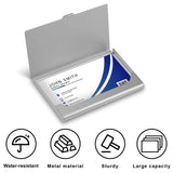 Aluminum business card holder with a personalized card inside. Features a metal, water-resistant design for men and women.