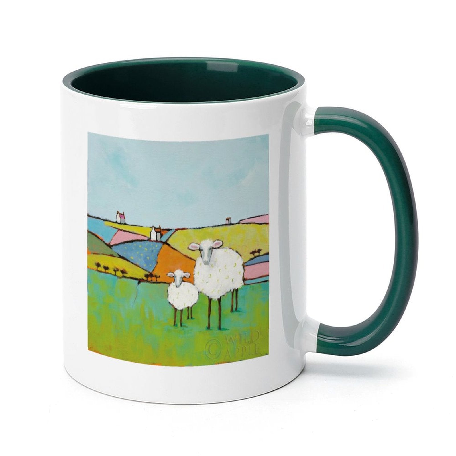 White ceramic mug with sheep art, Wild Apple design, green interior and handle, perfect gift