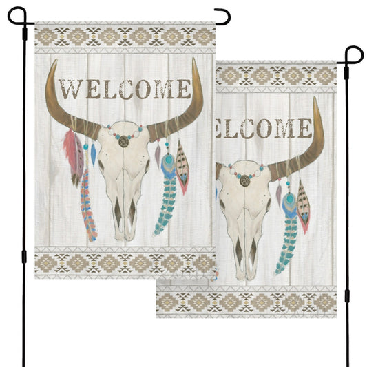 Welcome garden flag. Bull skull, feather design on a double-sided, durable polyester flag. Yard or farmhouse decor.