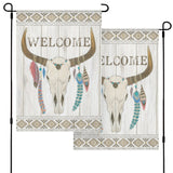 Welcome garden flag. Bull skull, feather design on a double-sided, durable polyester flag. Yard or farmhouse decor.