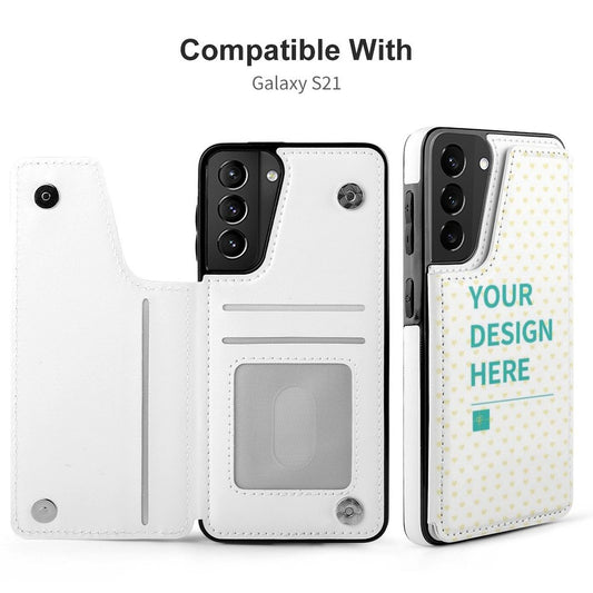 Personalized Galaxy S21 phone case in white PU leather, "YOUR DESIGN HERE" design, protective flip cover