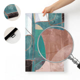 Modern teal and brown abstract canvas art. Geometric design, canvas texture details, and hanging hardware.