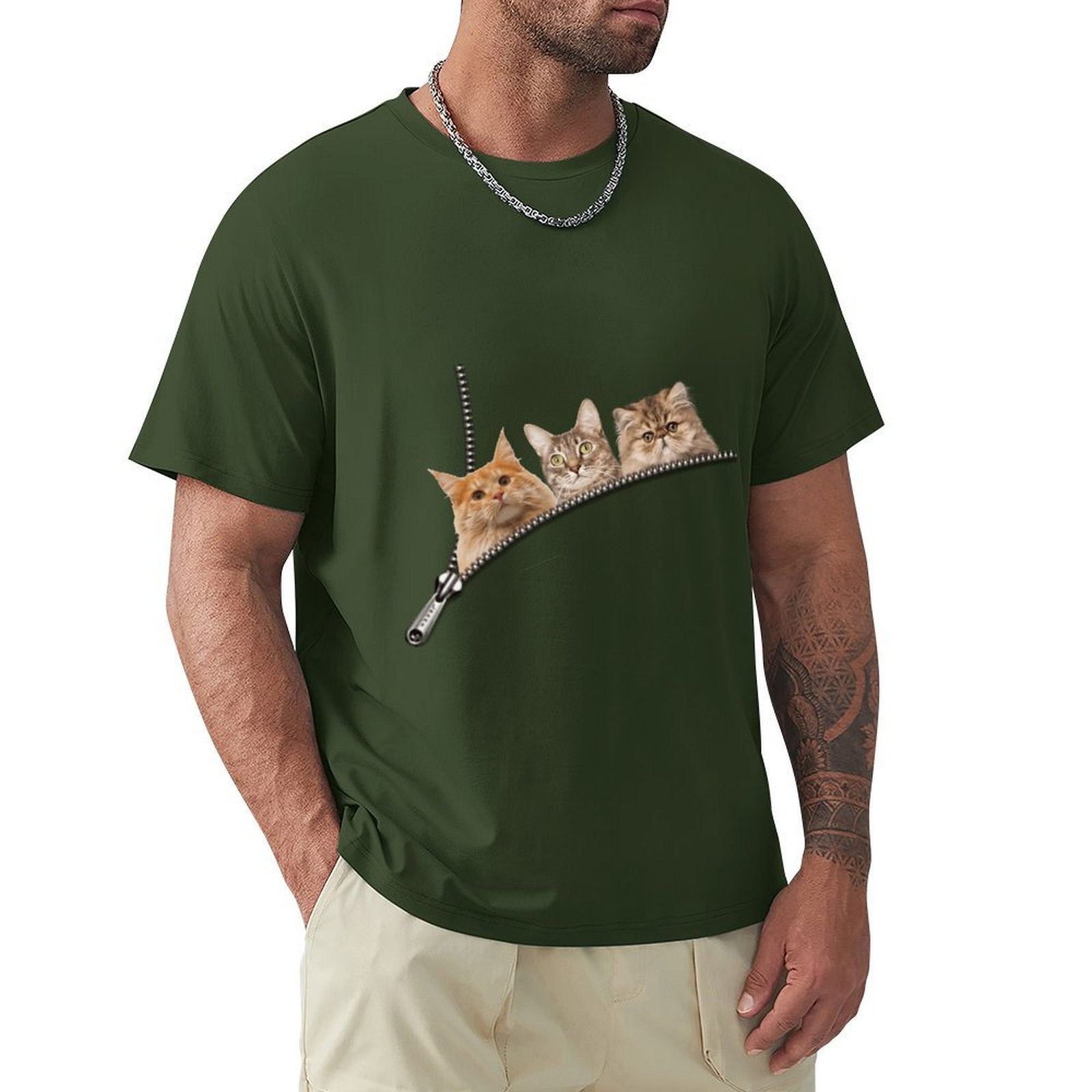 Green Men's cat t-shirt with zipper pocket design. Classic crew neck tee for cat lovers.
