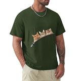 Men's dark green t-shirt with playful three cat zipper pocket design, comfortable cotton tee for MyArtsyGift.