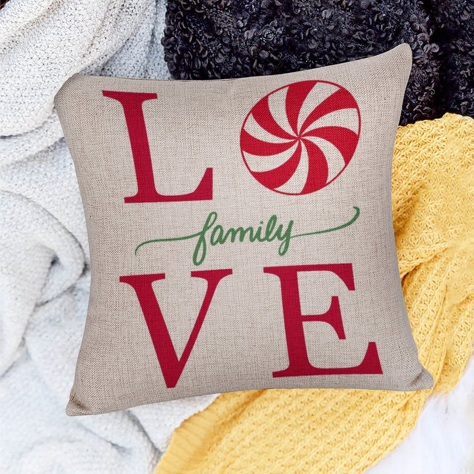 Christmas pillow cover with "LOVE family VE" text, cotton linen material.