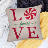 Christmas pillow cover with "LOVE family VE" text, cotton linen material.