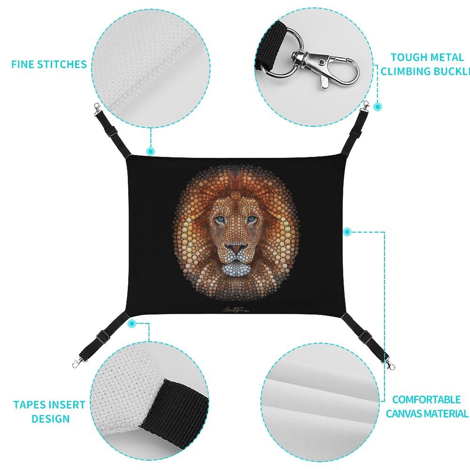 Pet hammock with lion face design, adjustable straps and metal hooks for cats, small dogs, rabbits.