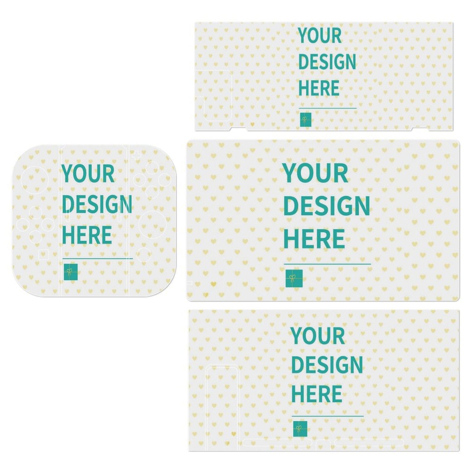 Custom Switch skin sticker set with heart pattern, personalized with 'Your Design Here' text.