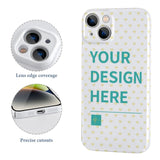 Custom iPhone 14 case with 'YOUR DESIGN HERE' design, heart pattern, PC plastic protection