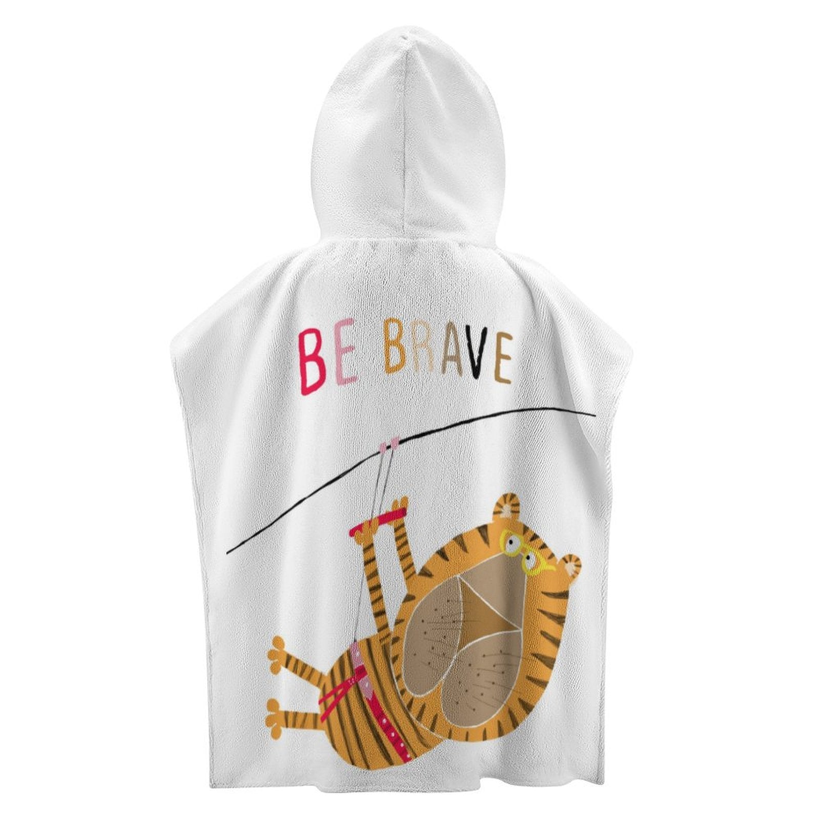 Baby hooded towel with tiger design and "BE BRAVE" text. Kids bath, beach, and pool towel.