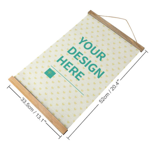 Customizable hanging poster, canvas with wooden frame, "YOUR DESIGN HERE" text, perfect for personalization.