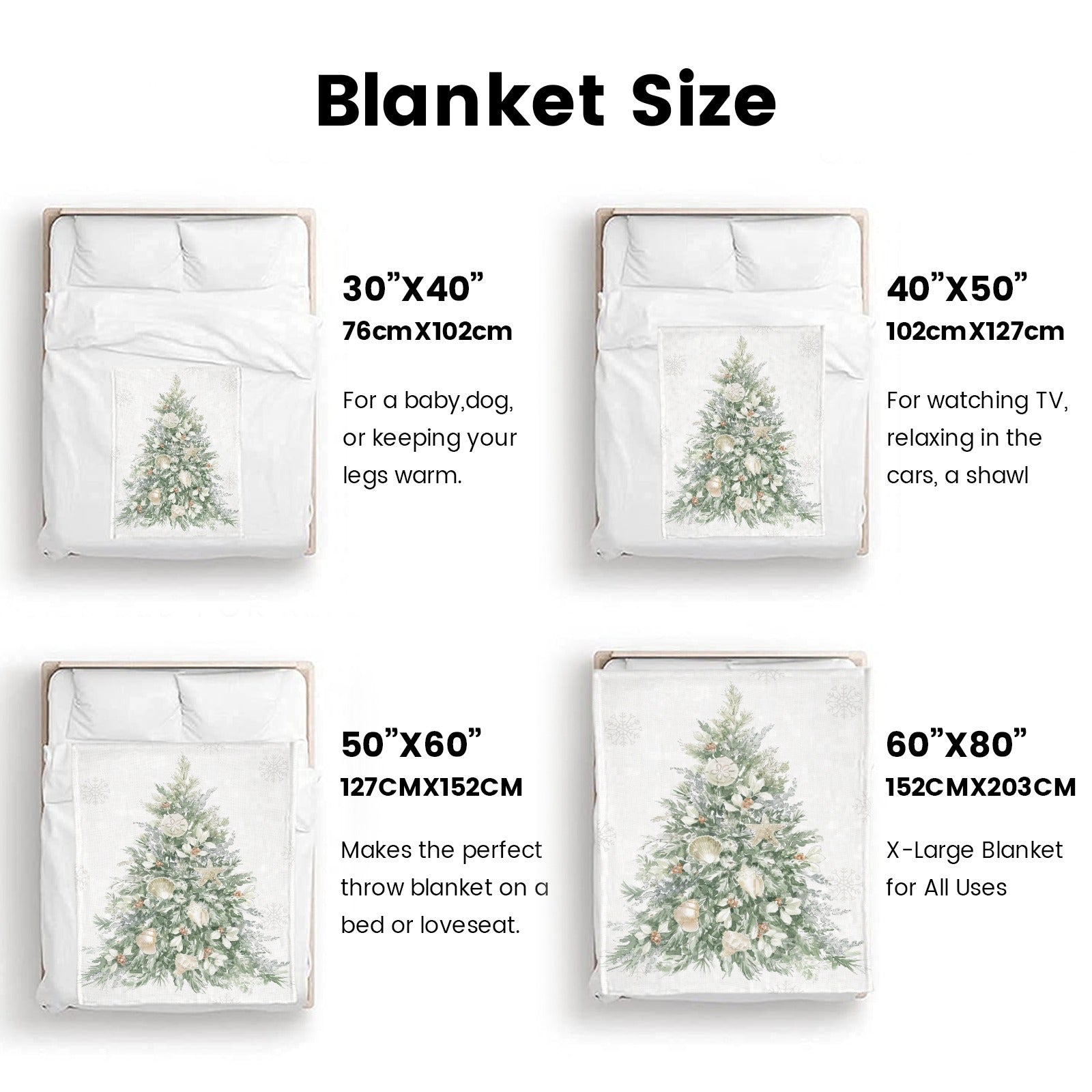 Winter Christmas Tree Flannel Blanket size options, perfect sofa couch bed decor. Available in multiple sizes, USA made.