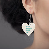 Customizable heart drop earrings with 'YOUR DESIGN HERE' text, wooden accessory for women, MyArtsyGift product.