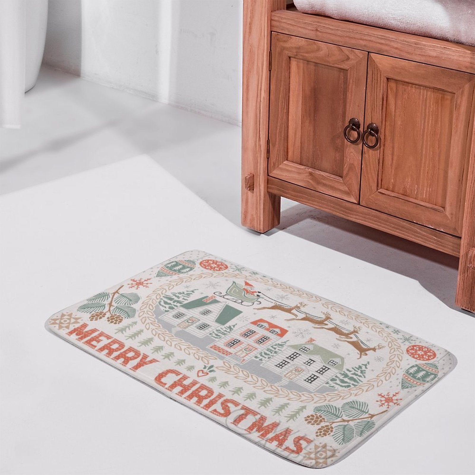 Coral velvet Merry Christmas bath rug, non-slip, for bathroom, kitchen, or bedroom
