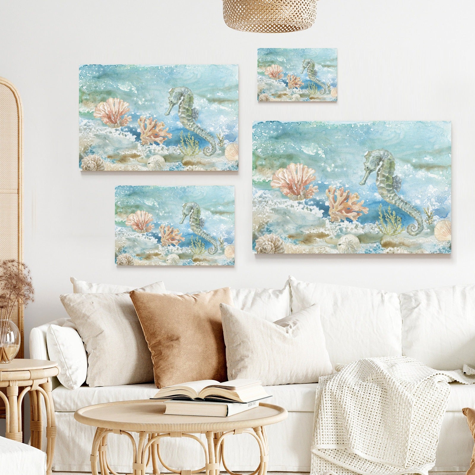 Seahorse and Coral Canvas Print Set. USA Made home decor featuring watercolor sea life art for living room.