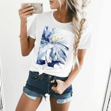 Women's white t-shirt with blue watercolor floral print, MyArtsyGift design