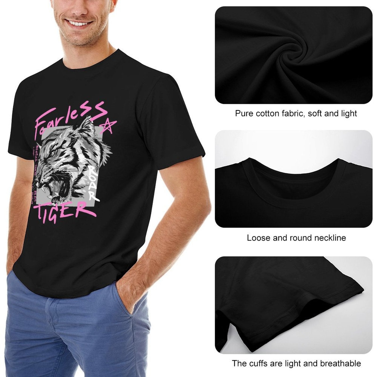 Men's black Fearless Tiger t-shirt, crew neck, cotton fabric, comfortable fit, perfect for everyday wear.