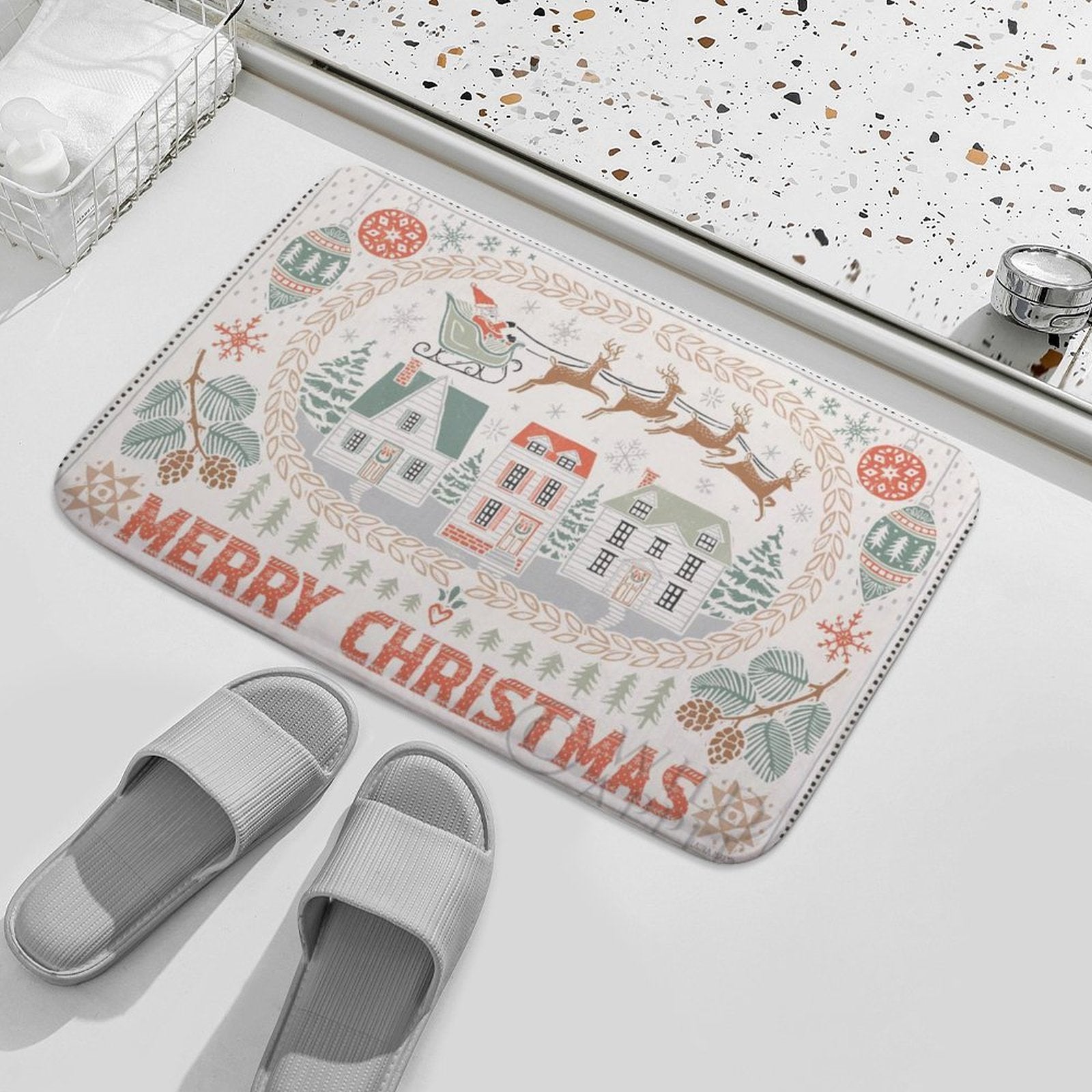 Christmas bath rug with Merry Christmas text, non-slip coral velvet, ideal for bathroom, kitchen, and bedroom decor.