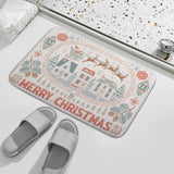 Christmas bath rug with Merry Christmas text, non-slip coral velvet, ideal for bathroom, kitchen, and bedroom decor.