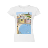 White crewneck t-shirt with coastal town art print. Comfortable women's t-shirt for art lovers.