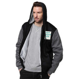 Custom men's black hoodie with gray sleeves, 'YOUR DESIGN HERE' design, personalized sweatshirt.