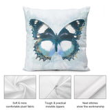 Square throw pillow with blue butterfly design, featuring soft plush fabric, invisible zipper, and fine stitching.