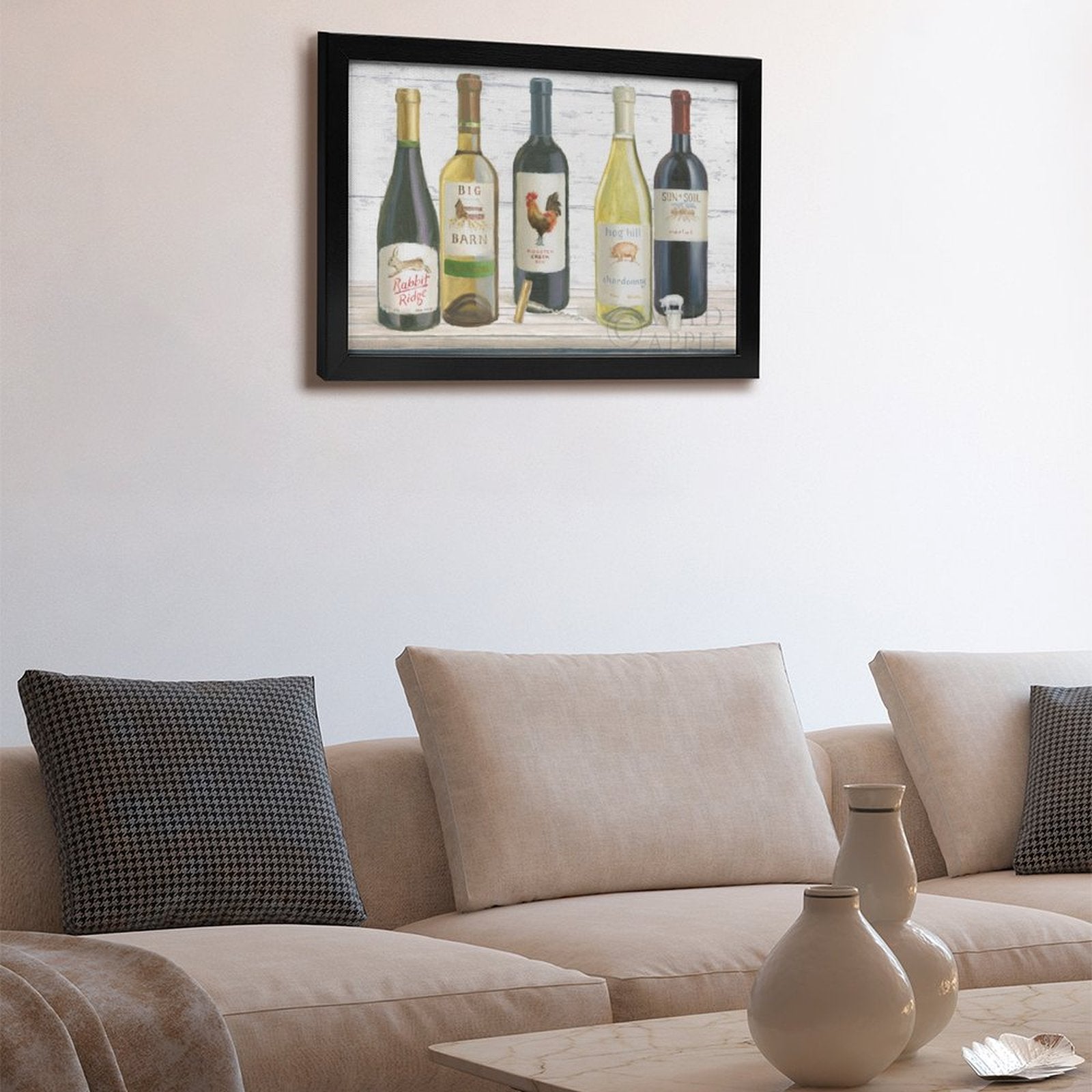 Framed canvas print of wine bottles featuring Rabbit Ridge, Big Barn, Rooster Creek labels, Home decor art
